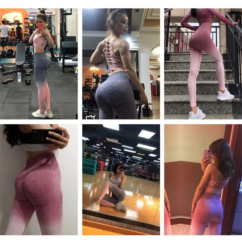 

Oyoo Women's High Waist Pink Yoga Pants Tummy Control Workout Running 4 Way Stretch Sport Leggings Ombre Fitness Gym Leggins