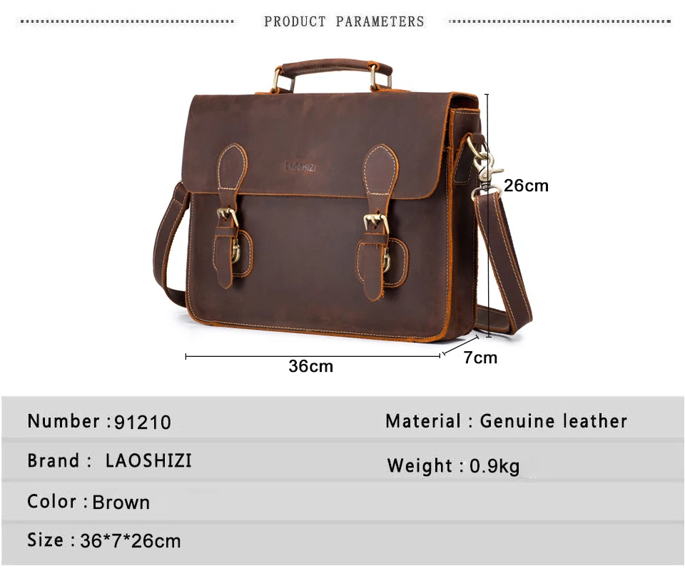 LAOSHIZI LUOSEN Men's Vintage Crazy Horse Leather Briefcase Messenger Shoulder Portfolio Laptop Bag Case Office Handbag