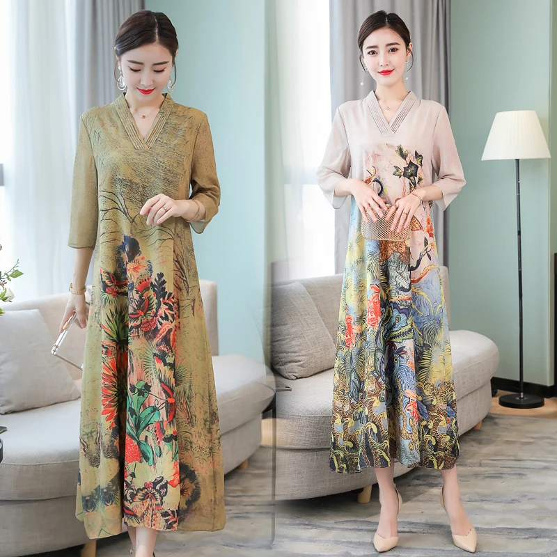

Large Size 4XL 2019 New Fashion Peacock Printed Women's Autumn Dress V-Neck Long Dresses Party Elegant Vestido Loose Robe RE2300