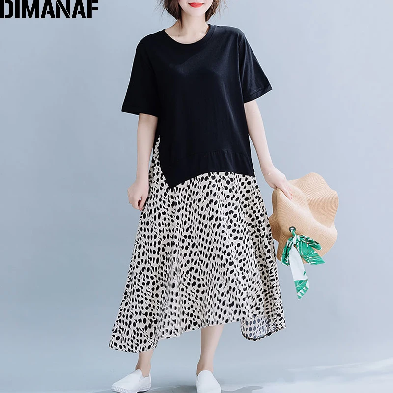 

DIMANAF Summer Women Beach Dress Sundress Oversize Cotton Loose Spliced Print Leopard Female Lady Vestidos Casual Dress Black