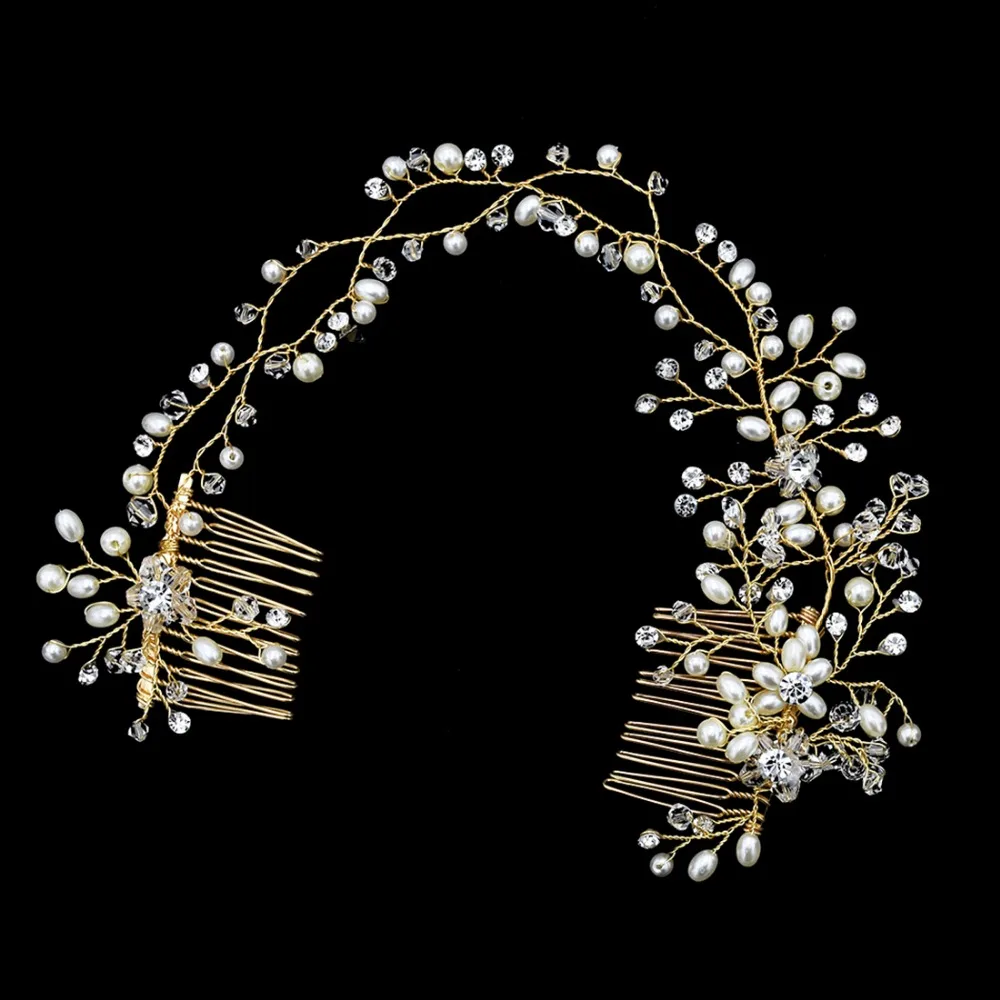 

Shiny Crystal Pearl Bridal Hairband Hair Comb Headpiece Wedding Accessories Gold Silver Color Bridal Tiara Headdress Jewelry