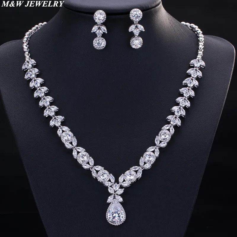 M&ampW JEWELRY Classic Water Drop Shaped White AAA+ Cubic Zirconia Jewelry Sets For Women Earrings/Pendant/Necklace | Украшения и
