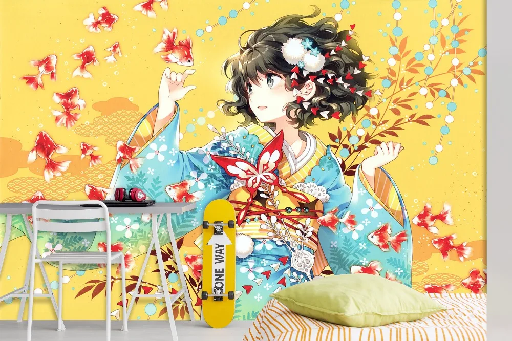 [Самоклеющиеся] 3D Red Koi Group Lucky Kimono Girl 52 Япония Аниме настенная бумага печать