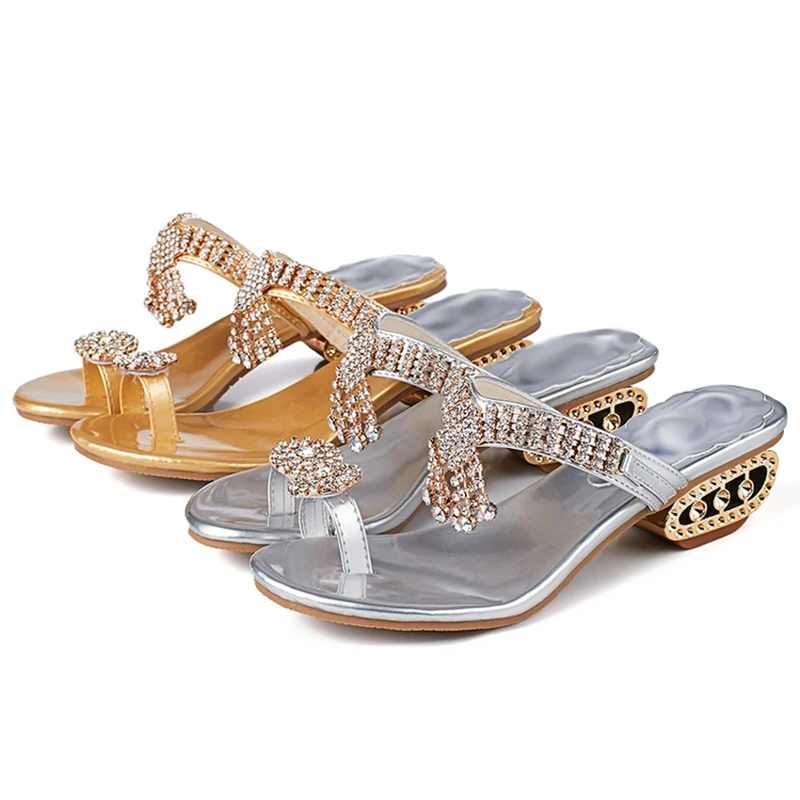 Шлепанцы на толстом каблуке в Корейском стиле шлепанцы сандалии с кристаллами