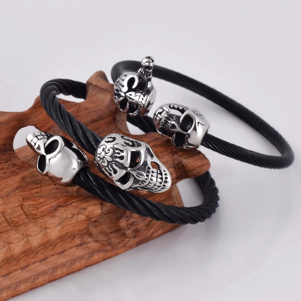 Мужской Эластичный регулируемый черный каркас из нержавеющей стали, ювелирные изделия, Череп, витой кабельный манжета, манжета в виде животного