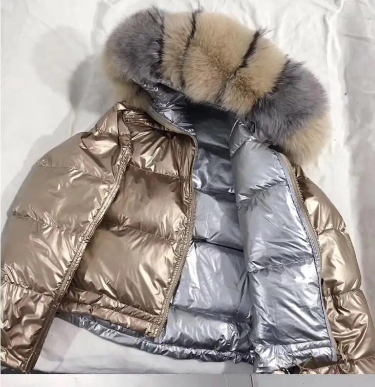 gold-silver-fox Женская зимняя Серебряная куртка, пуховик, Воротник из натурального Лисьего меха, белая утка, двусторонняя пуховая парка, верхняя одежда, плотное теплое глянцевое пальто - Цвет: gold-silver-fox