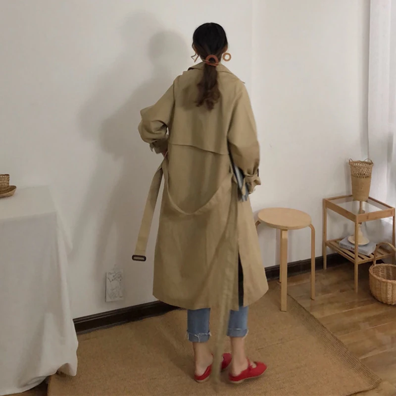 ZURICHOUSE Тренч цвета хаки женское длинное модное двубортное пальто с разрезом и поясом Верхняя одежда свободное повседневное весеннее Женское пальто