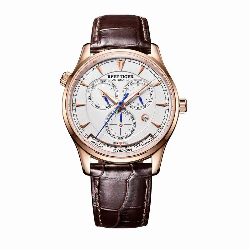 Reef Tiger/RT Мужские автоматические часы World Time Дата день месяц розовое золото кожа спортивные многофункциональные водонепроницаемые часы RGA1951 - Цвет: RGA1951PWS