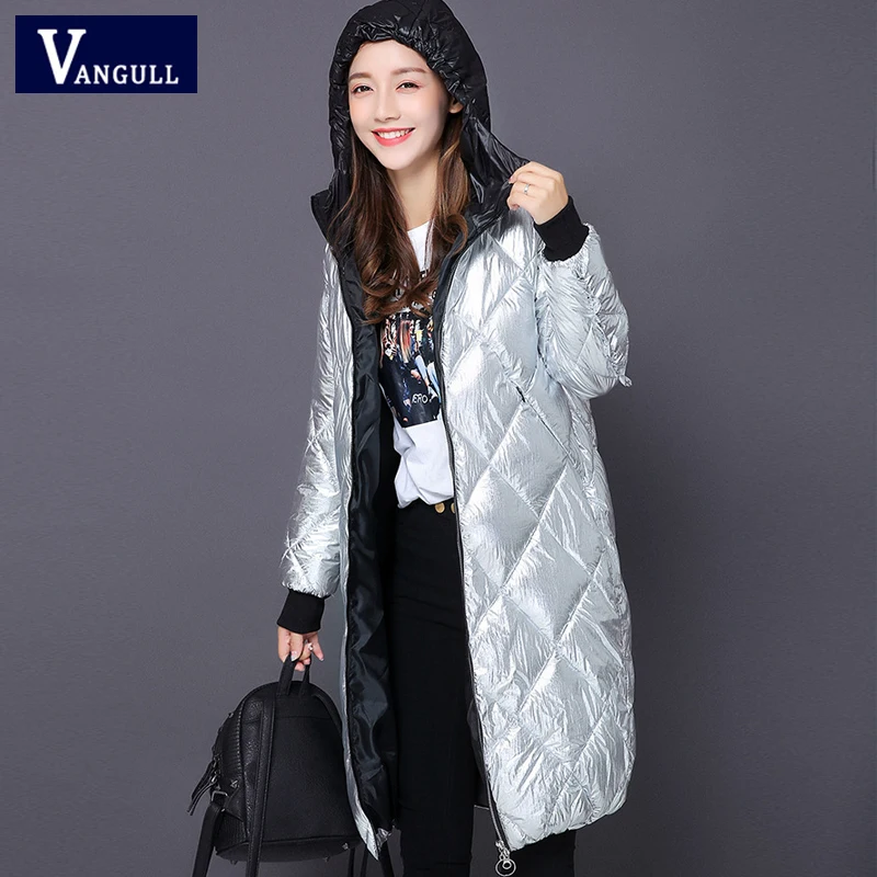 Vangull, зимние парки с капюшоном, Женское пальто, высокая уличная мода, металлический цвет, Длинные парки, новая глянцевая молния, свободная верхняя одежда