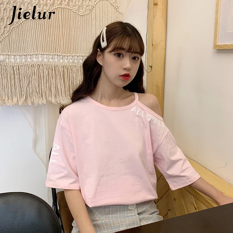 Jielur сексуальная розовая фиолетовая футболка с открытыми плечами Женская Милая в