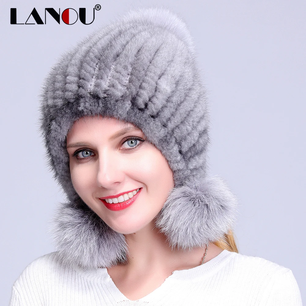 Lanou норки Шапки для Для женщин 100% реального Мех животных вязаные шапочки Кепки с