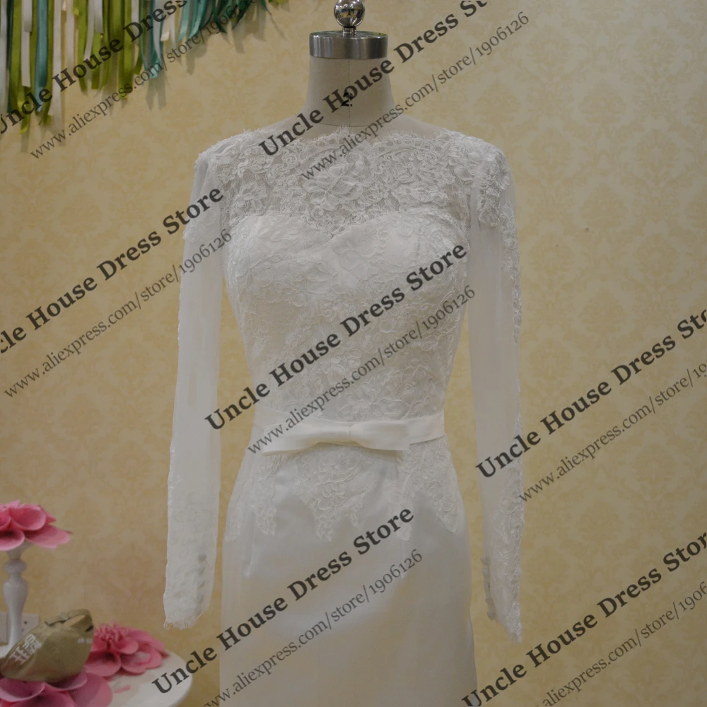 Sposa Abito Mermaid Шнурка С Длинным Рукавом Свадебные Платья Со Съемной Поезд Выкл Белое