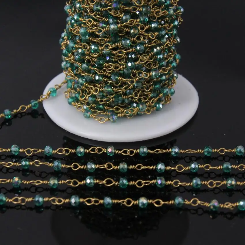 

5Meter,2x3mm Faceted Crystal Glass Rosary Style Chain,Rainbow Titanium Green Glass Rondelle beads Brass Wrapped Chain