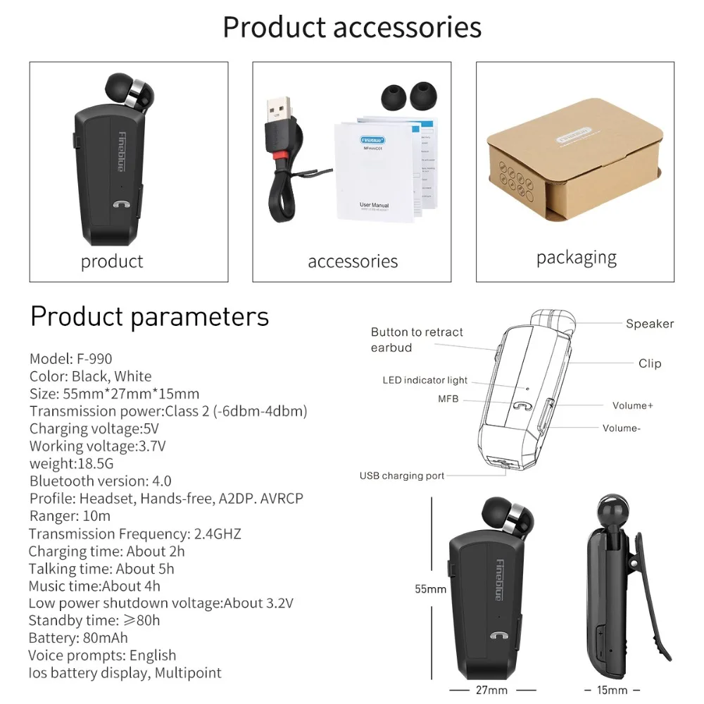 Fineblue F990, новинка, беспроводная, бизнес, Bluetooth гарнитура, спортивный, для водителя, наушники, телескопический, на клипсе, стерео, вкладыши, вибрация, роскошный, KY
