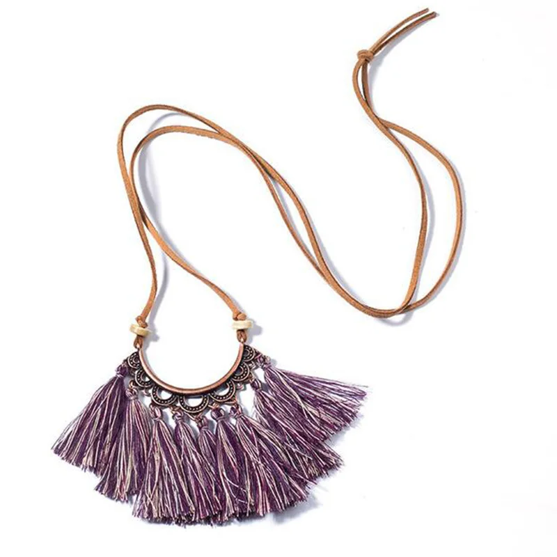 Summer Jewelry Mix Color Wool tassels pendant necklace Wood beads Long leather chian Bohemian BOHO for Women | Украшения и