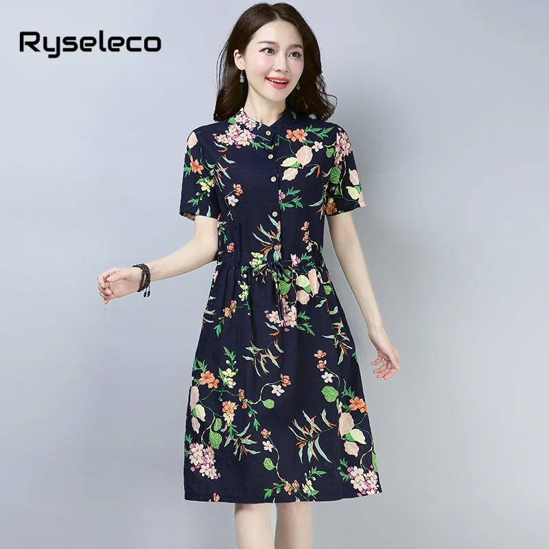 Женское винтажное платье рубашка из хлопка и льна свободное с цветочным принтом