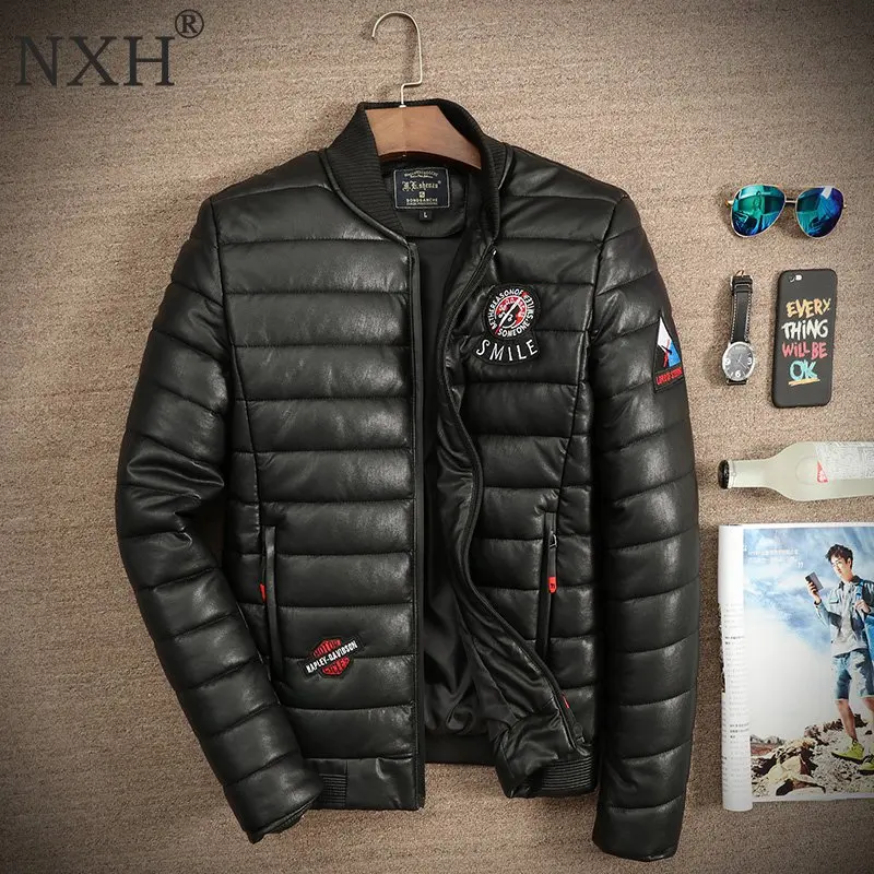 NXH New arrival Men's winter PU Leather Jacket Cotton garmen Warm men Overcoat Male Casual Black coat Brand Quality M-3XL - Цвет: Черный