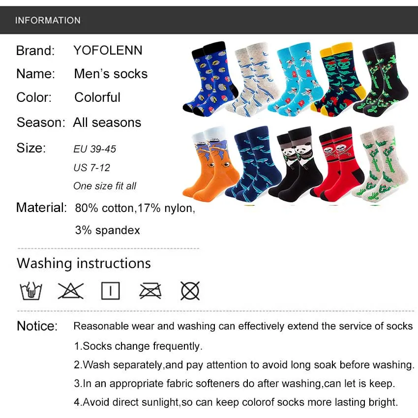 10 Pairs/lot Colorful Combed Cotton Socks Men's Long Tube Funny Shark Skull Panda Pattern High Quality Crazy Casual | Мужская одежда