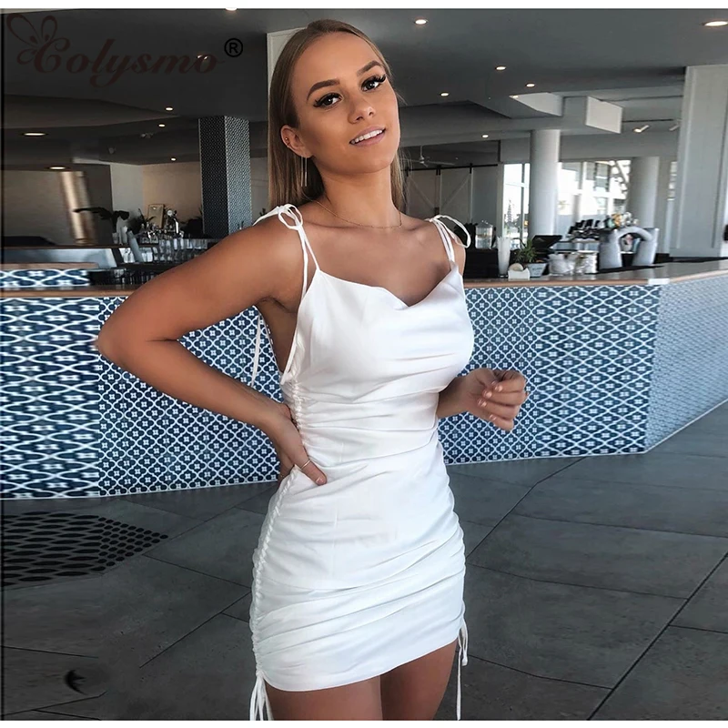 

Colysmo Women Dress Summer Glossy Elastic Bodycon Dress Elegant Vintage Pleated Mini Party Dress Sexy Backless Pink Vestido