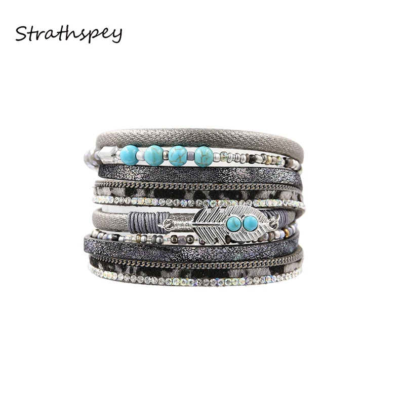 Модные браслеты STRATHSPEY из сплава в виде рыбьей кости с натуральным камнем широкие