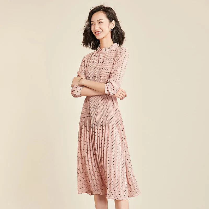 pink Vimly платье осень элегантный в горошек женское платье с длинным рукавом женское офисное шифоновое платье в горошек с принтом ТРАПЕЦИЕВИДНОЕ винтажное милое платье - Цвет: pink