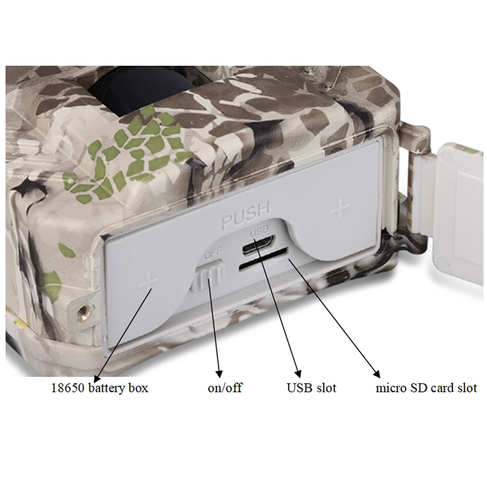 12MP HD Camouflage Digital Trail Camera with 49pcs IR LED PIR Motion Sensor Run on 2pcs 18650 Batteries or DC5V Solar Power IP56 |