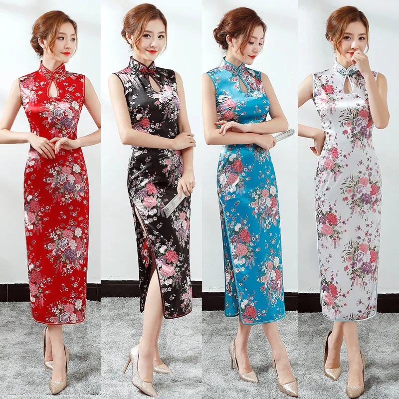 Китайские традиционные костюмы Vestito oritale Женские Длинные Cheongsam печати костюм для