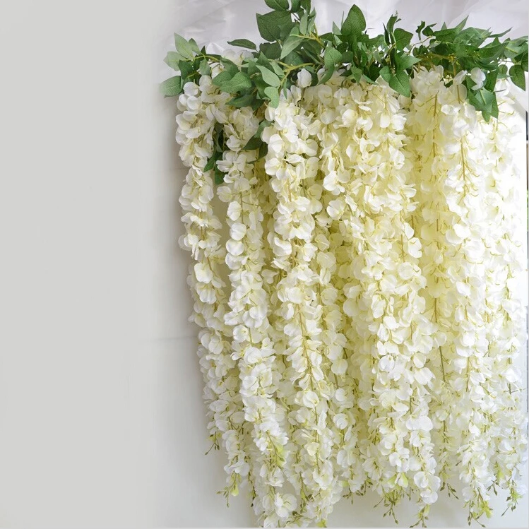 baratas Extra Longo Branco Artificial Silk Hydrangea Flor Glicínias Guirlanda Ornamento De Suspensão De Jardim De Casamento Decoração Suprimentos