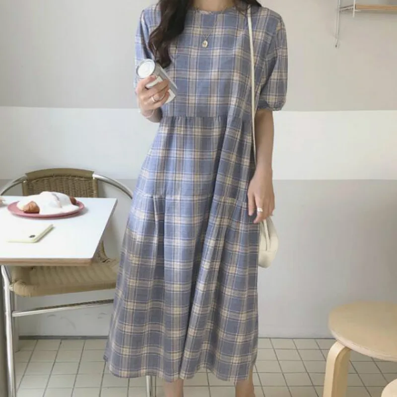 Women Summer Long Plaid Straight Dress Vestidos High Waist Blue Casual Maxi Robe Femme Loose Sukienki Sommerkleid Jurken