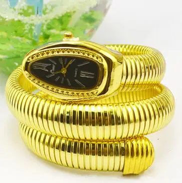 gold balck Модные женские часы со змеиным браслетом, часы с бесконечным браслетом, модные брендовые кварцевые часы для девочек, Religios relojes Montre Femme - Цвет: gold balck