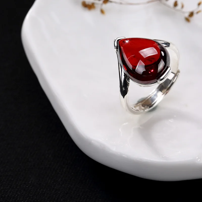 

pure silver inlay chalcedony pomegranate red corundum blue sandstone contracted women wholesale high-grade opening ring