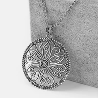 1pcs antique tone lagenlook large hollow flower round pendant on long link chain necklace