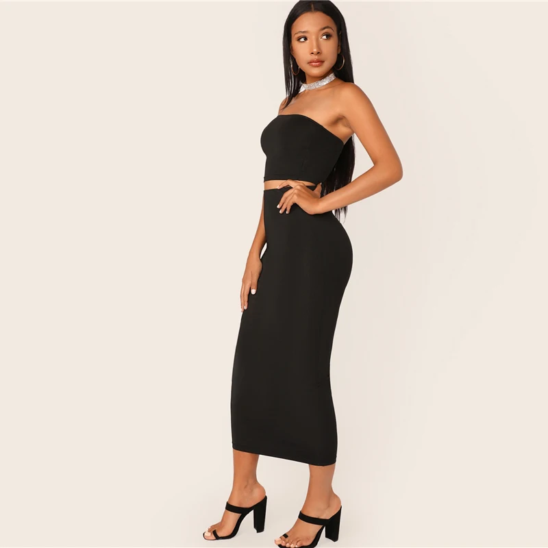 SHEIN/черный однотонный укороченный топ и длинная юбка-карандаш, комплект из двух предметов, приталенная Женский комплект 2 шт., Летний Эластичный обтягивающий комплект из двух предметов в стиле бохо