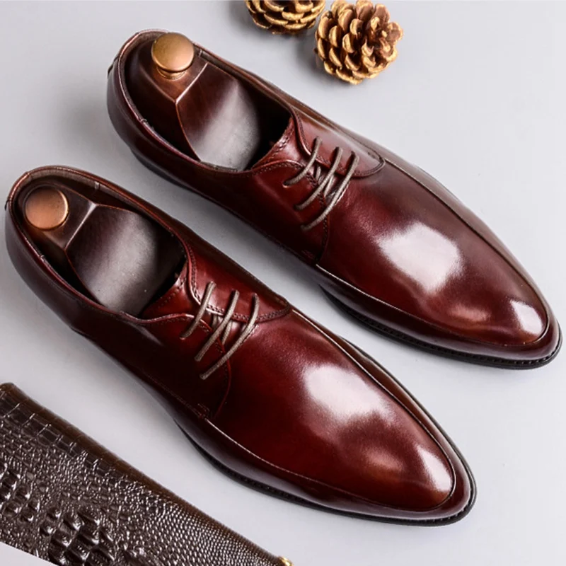 Classic Man Formal Dress Derby Office Shoes Genuine Leather Handmade Wedding Party Flats Pointed Toe Men's Basic Footwear SS367 | Обувь