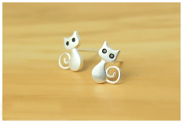 Серьги гвоздики женские из серебра 925 пробы с изображением милого кота|silver stud