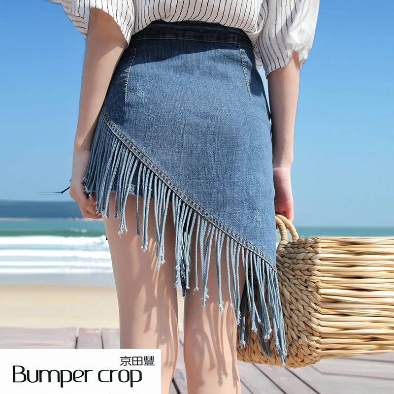 BUMPERCROP Tassel Карандаш Мини юбка в стиле Харадзюку деним bodycon уличная одежда Твердые