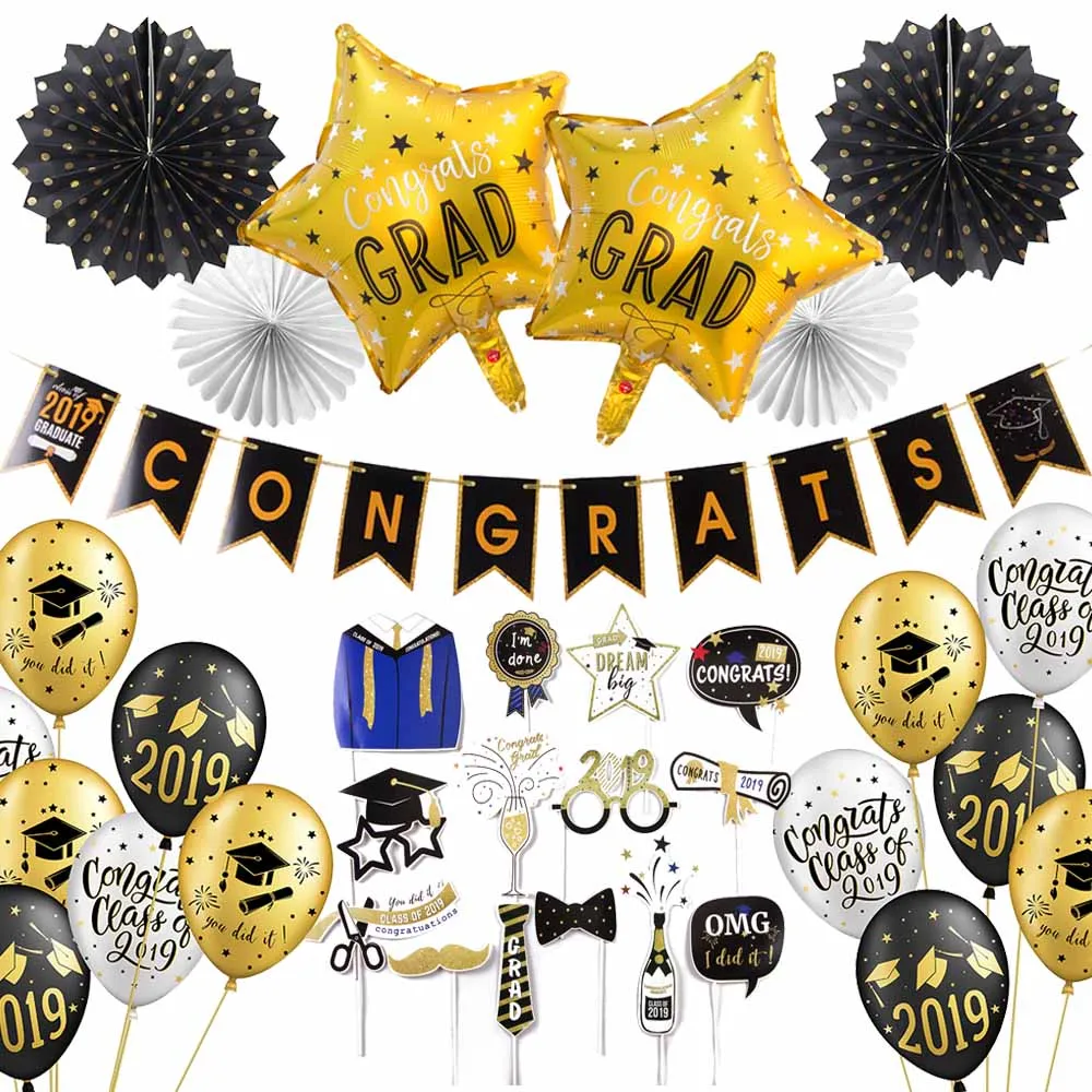 Выпускные вечерние украшения набор черного золота конграты град баннер фольги