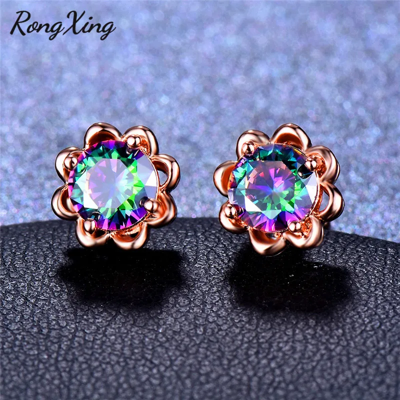 RongXing маленькие круглые серьги гвоздики с радужным Цирконом для женщин