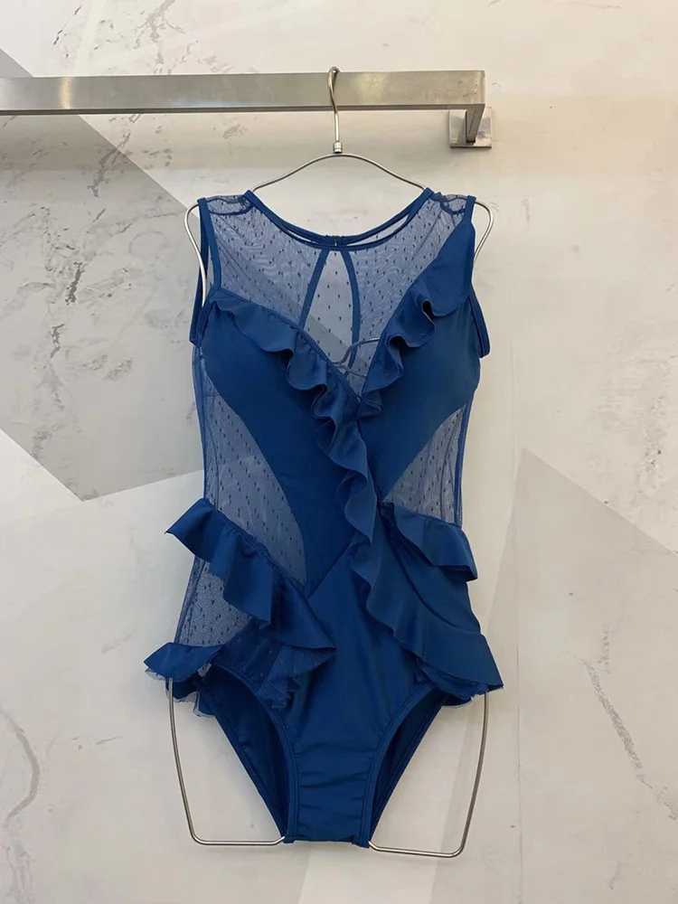 Svoryxiu Mesh Blue One Piece Bodysuit Women's Summer Holiday Sexy Ruffle Bathing Suit Swimwear New