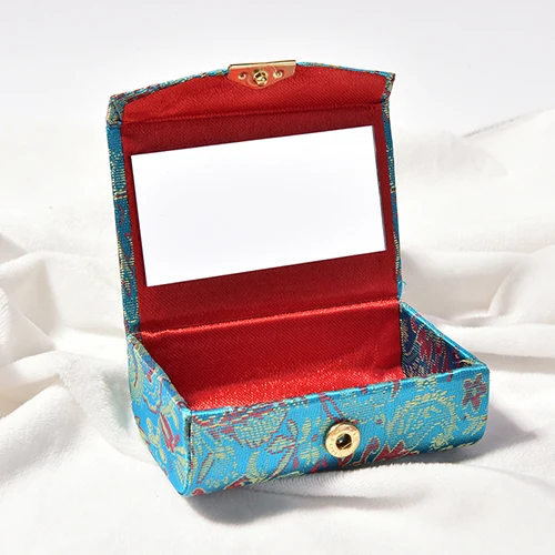 

1Pc Square Flower Design Lipstick Display Box Case With Mirro Retro Embroidered Brocade Jewelry Holder Random Color