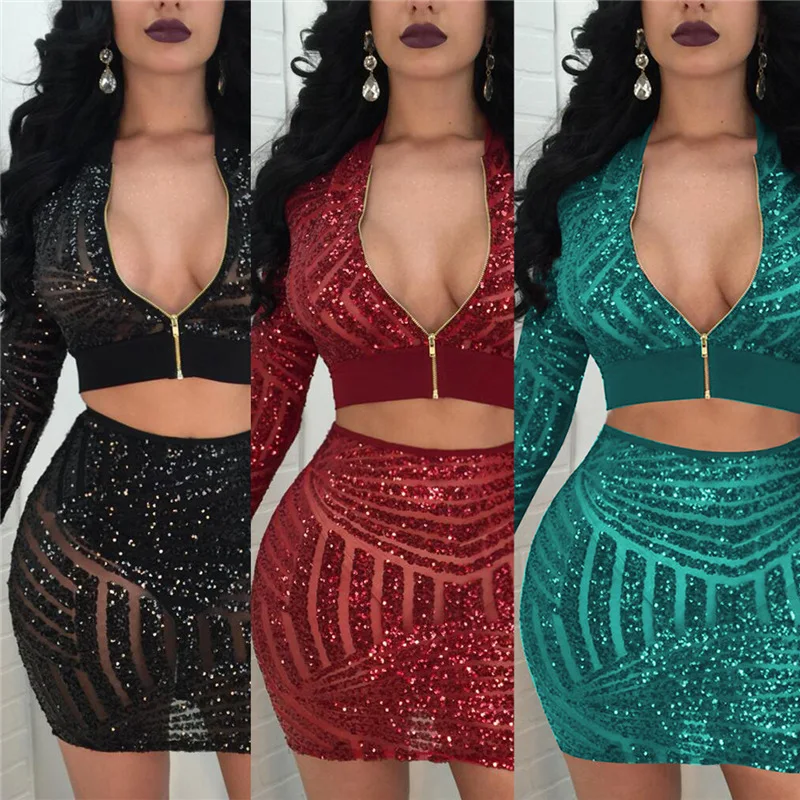 Adogirl, модные женские платья из двух частей с блестками, комплект, на молнии, сексуальный, v-образный вырез, длинный рукав, короткий топ, бандаж, мини, Клубные, вечерние платья