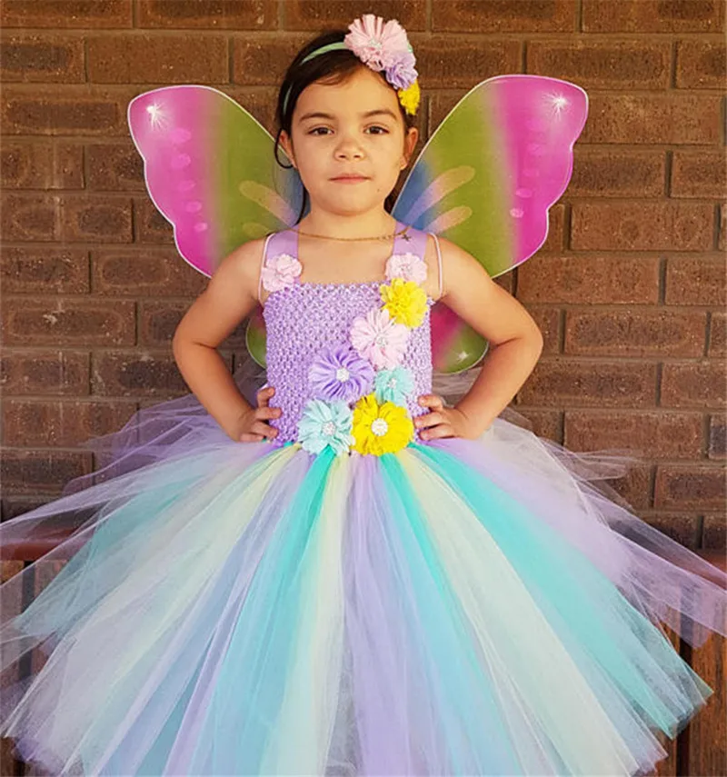 Girls Fairy Tutu Dress Baby Fluffy Tulle Flower Ballet Tutus with Butterfly Wings and Headband Kids Party Cosplay Costume | Детская