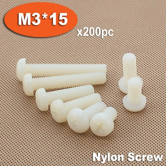 

200pcs DIN7985 M3 x 15 White Plastic Nylon Pan Head Phillips Screw Cross Recessed Raised Cheese Head Screws