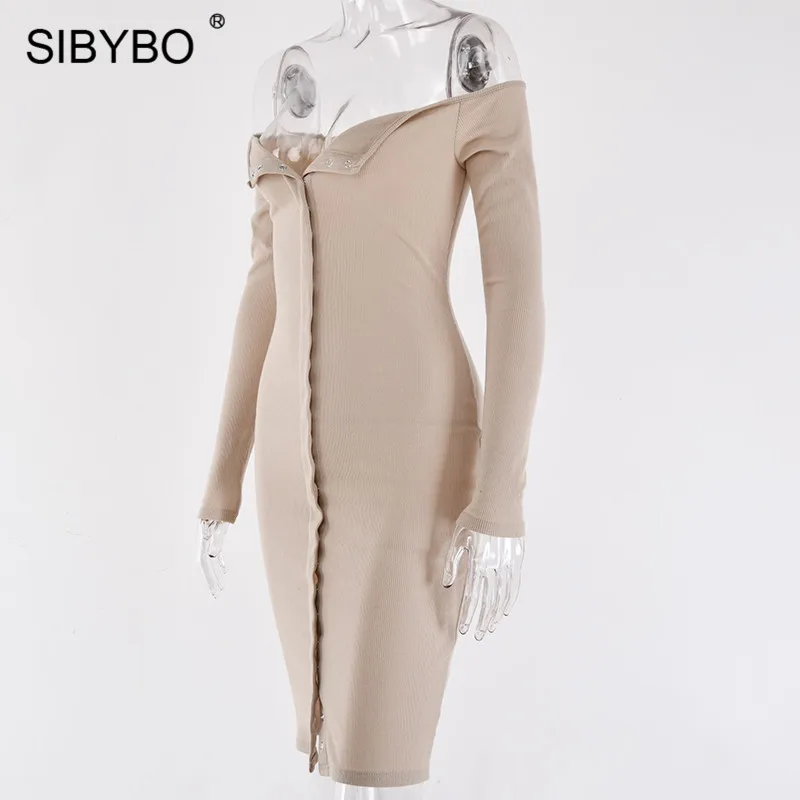 Sibybo, без бретелек, однобортное, сексуальное платье для женщин, осень, с открытыми плечами, с длинным рукавом, повседневное, бодикон, платье с открытой спиной, Клубные, вечерние платья