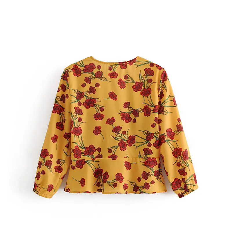 Женская Мода глубоким v образным вырезом цветочный принт drawstring оборками Блузки