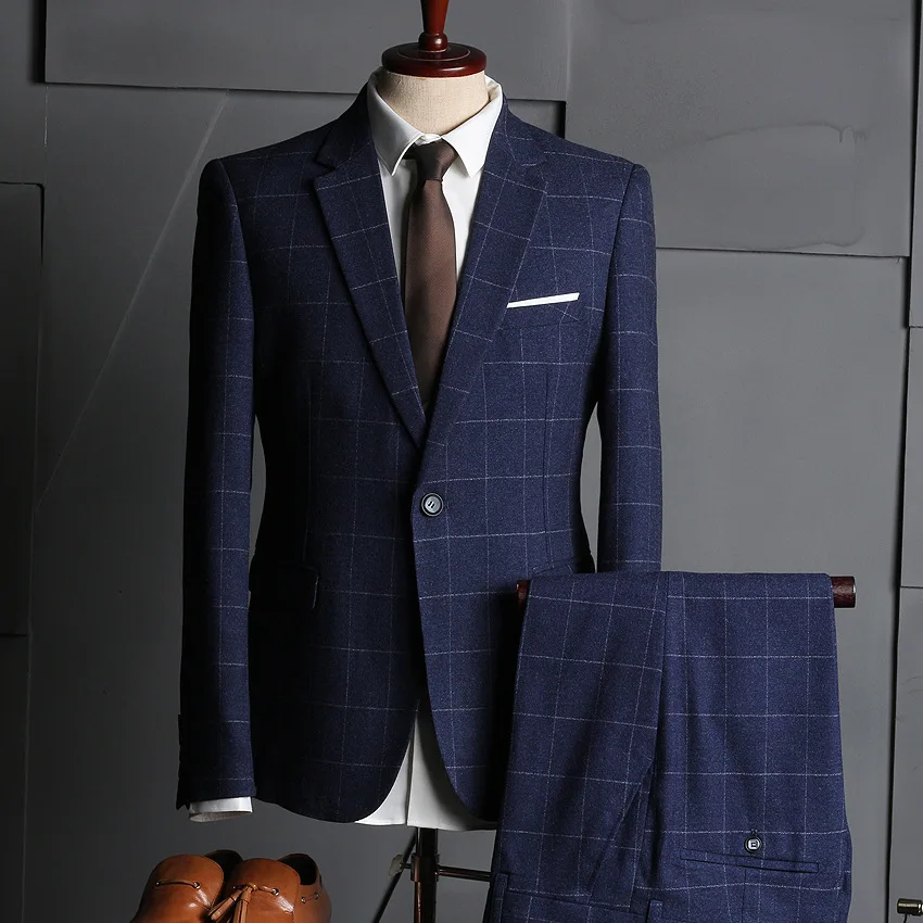 Mens Suit Men's 3 Pieces Business Blue Plaid Suits Male Casual Blazer Jacket For Wedding Dress XFD0020 | Мужская одежда