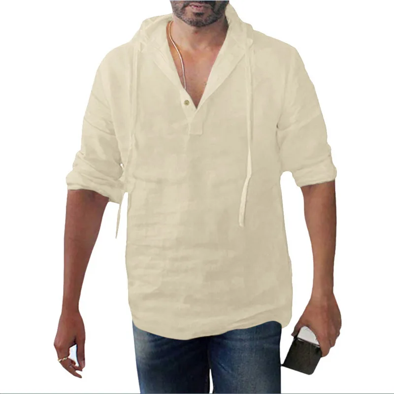 Apricot Винтажные льняные толстовки, мужская рубашка с длинным рукавом, Camisa Masculina, на пуговицах, v-образный вырез, летняя рубашка, Homme, однотонный пуловер, мужские рубашки - Цвет: Apricot