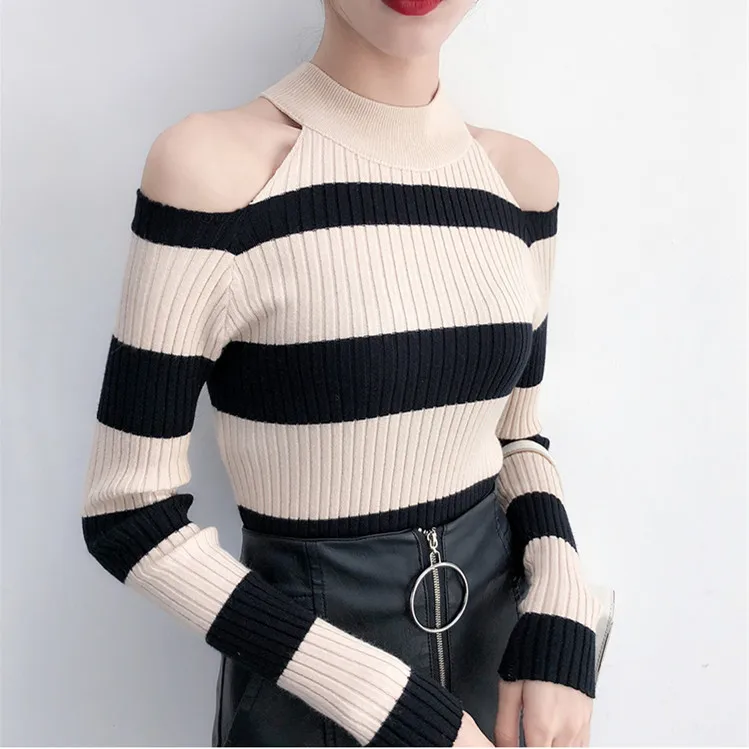 Colorfaith Women Pullovers Sweater 2019 Knitted Autumn Spring Striped Bottoming Knitwear Off Shoulder Elegant Ladies Tops SW367 | Женская