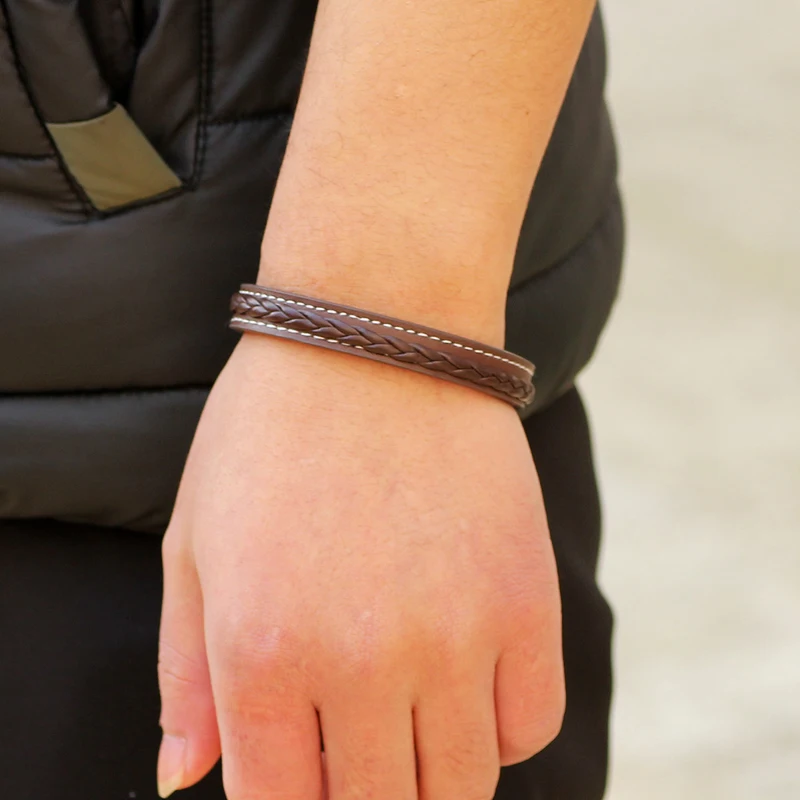 Vintage Black Brown Genuine Leather Bracelet Men Magnet Clasp Stainless Steel Cuff Bracelets Bangles Male Fashion Jewelry|leather bracelet|leather