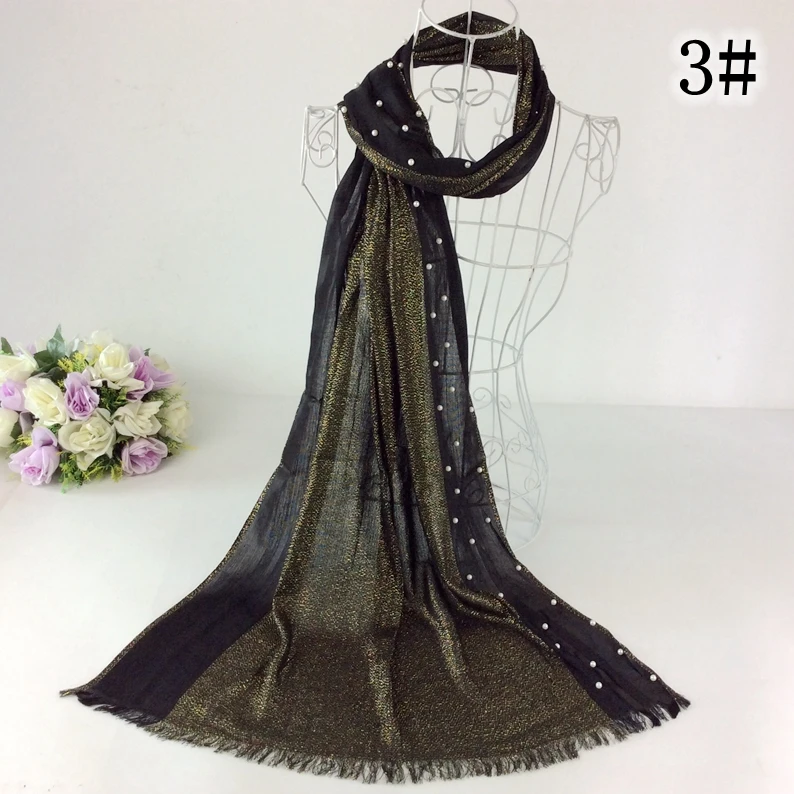 Plain Glitter Cotton Tassels Scarves/Scarf Lurex Pearls Pattern Fringe Muslim Hijab Wraps Bandana |